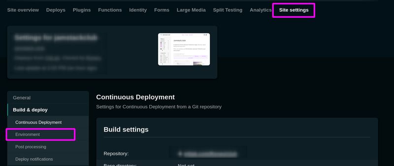The Netlify UI to set Environment variables